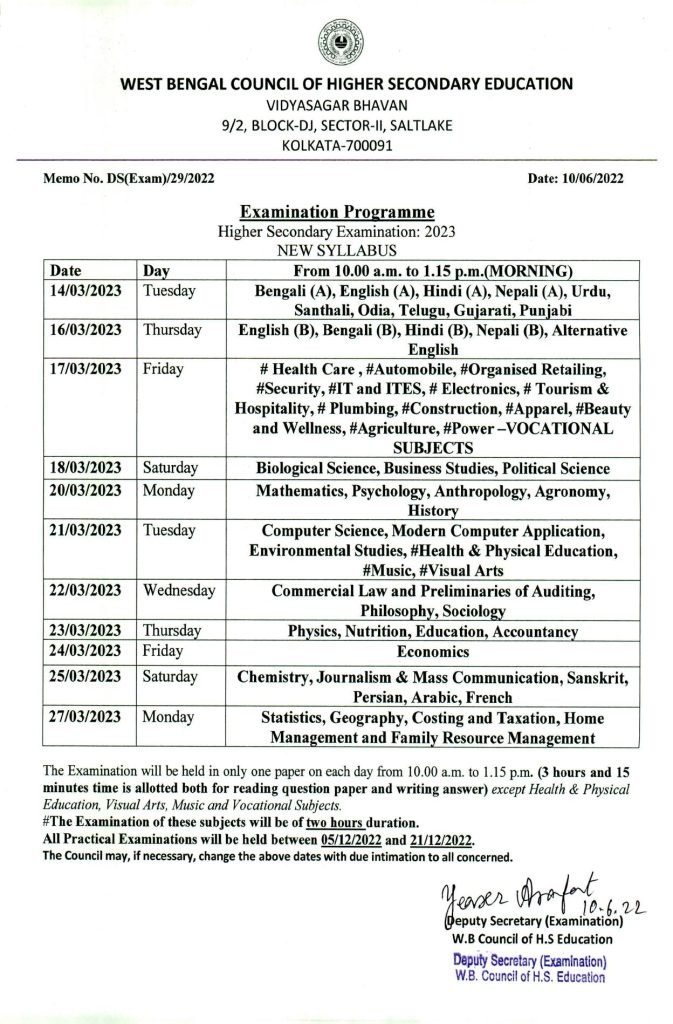 Higher Secondary Exam Routine 2023