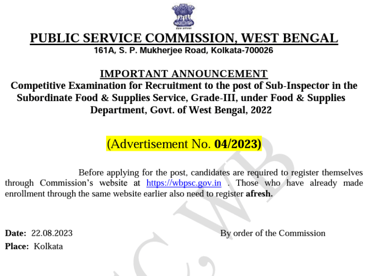 WBPSC Food SI Recruitment 2023