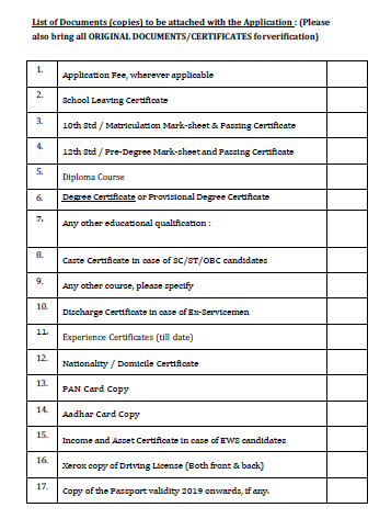 List of Documents (copies) to be attached with the Application
