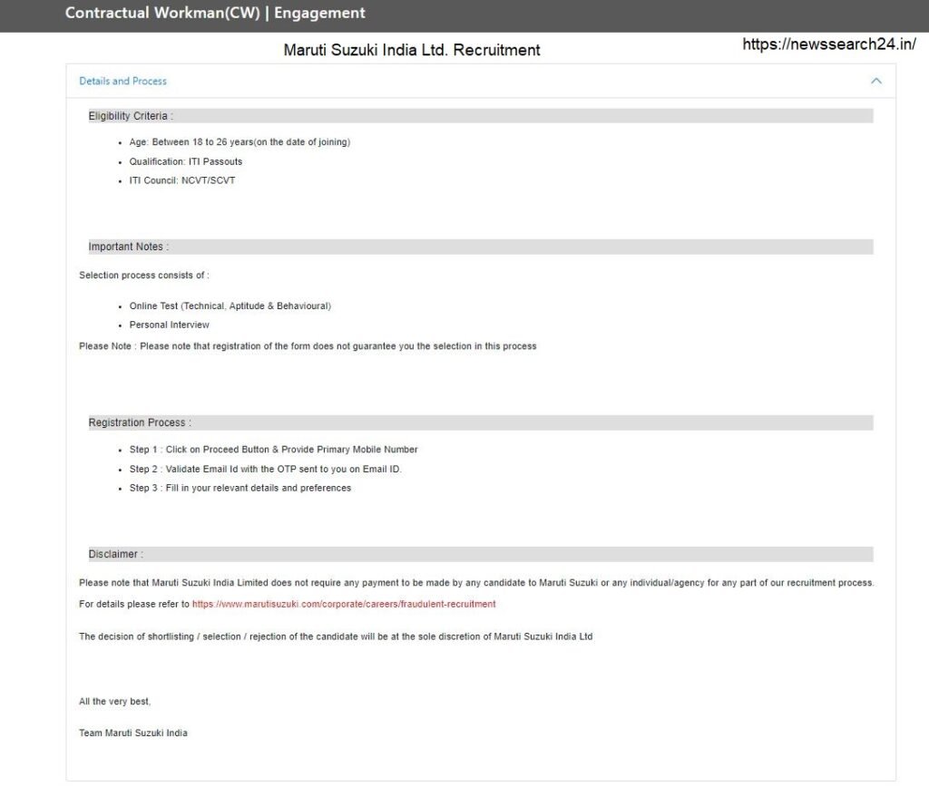Maruti Suzuki India Ltd. Recruitment