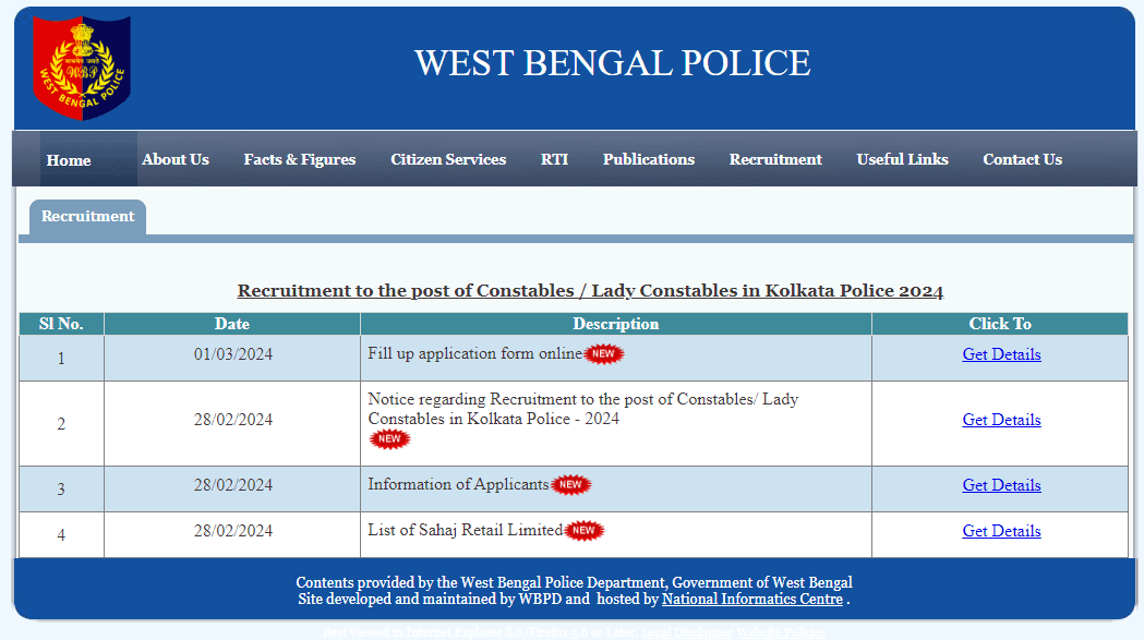 Recruitment to the post of Constables and Lady Constables in Kolkata Police 2024