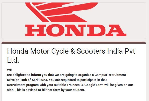 Honda Motor Cycle & Scooters India Pvt Ltd. Recruitment