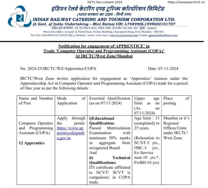 IRCTC Recruitment 2024